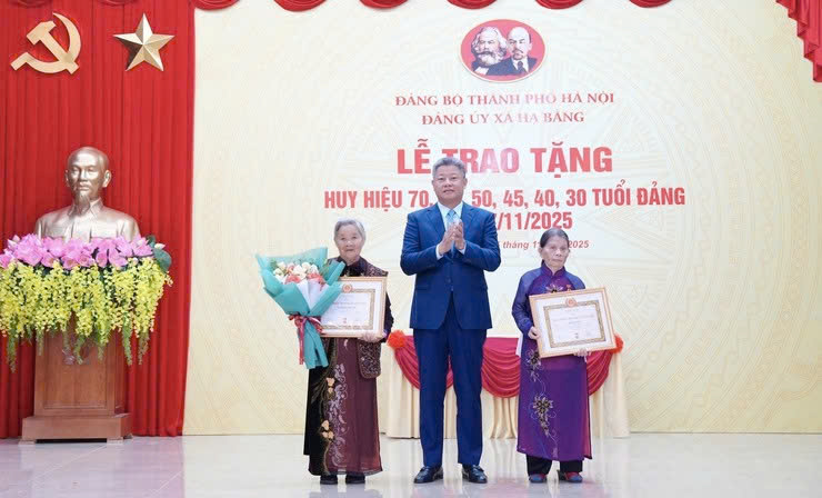 Phó Chủ tịch UBND thành phố Nguyễn Mạnh Quyền trao Huy hiệu Đảng tặng đảng viên tại xã Hạ Bằng