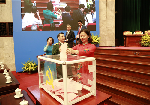 Các đại biểu bỏ phiếu Bầu Ban chấp hành Đảng bộ TP lần thứ XVII nhiệm kỳ 2020 - 2025