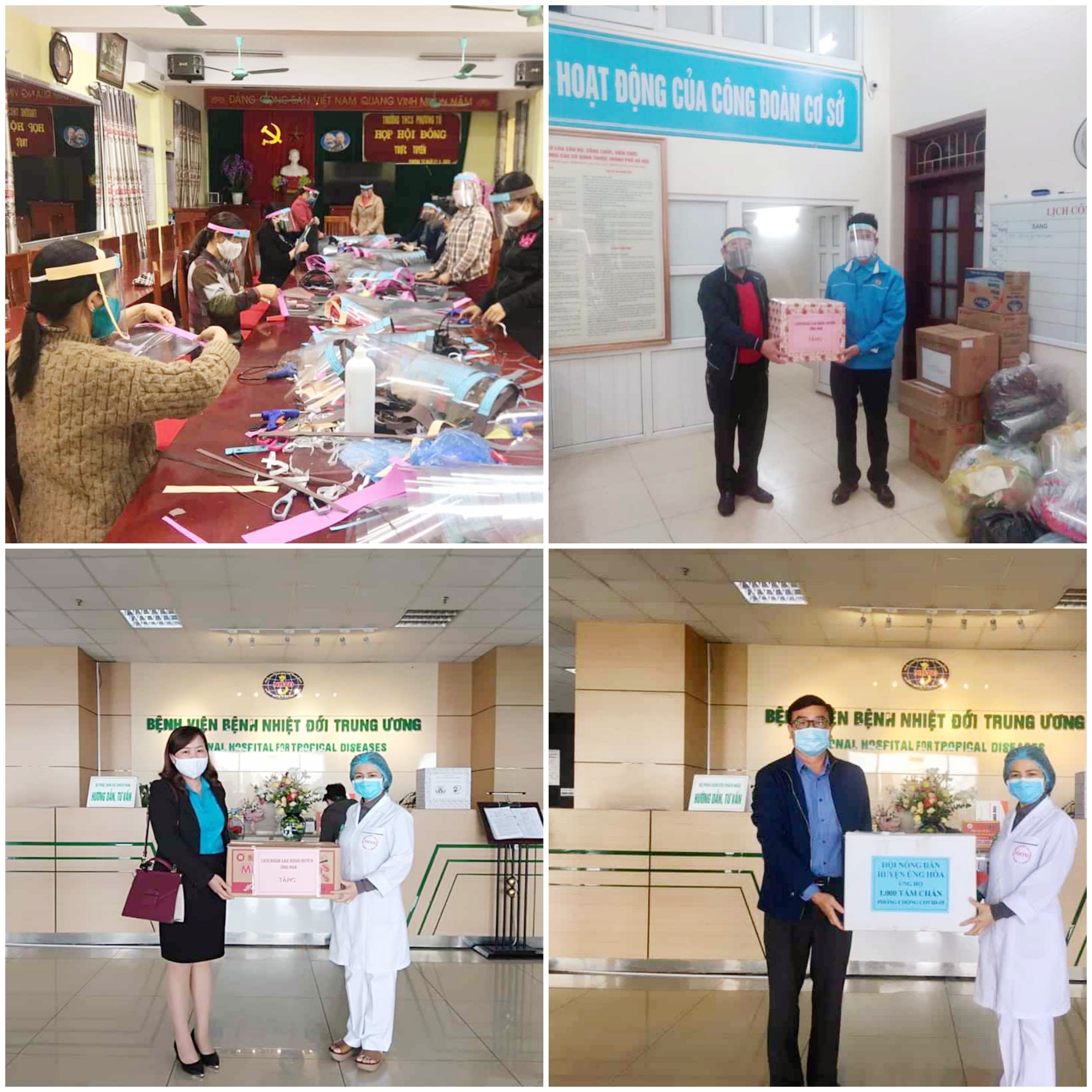 Đại diện lãnh đạo Liên đoàn lao động và Hội Nông dân Huyện đã gửi tặng hơn 9000 tấm chắn bảo vệ cho một số bệnh viện trên địa bàn Thành phố