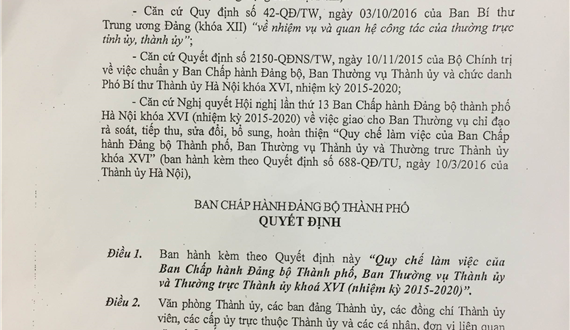 Ban hành Quy chế làm việc của Ban Chấp hành Đảng bộ Thành phố, Ban Thường vụ Thành ủy và Thường trực Thành ủy khóa XVI (nhiệm kỳ 2015 – 2020)