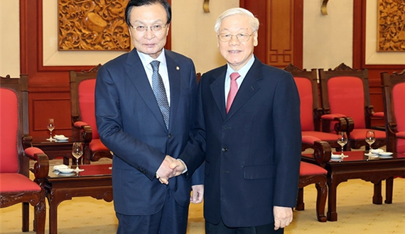 Tổng Bí thư, Chủ tịch nước Nguyễn Phú Trọng; Thủ tướng Nguyễn Xuân Phúc tiếp Chủ tịch Ðảng Dân chủ đồng hành Hàn Quốc