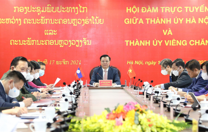 Bí thư Thành ủy Hà Nội hội đàm trực tuyến với Bí thư Thành ủy Viêng Chăn