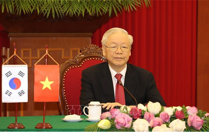 Tổng Bí thư Nguyễn Phú Trọng hội đàm trực tuyến với Tổng thống Hàn Quốc