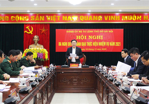 Chiều 10-12, Đảng ủy Bộ Tư lệnh Thủ đô Hà Nội tổ chức Hội nghị ra Nghị quyết lãnh đạo thực hiện nhiệm vụ năm 2021. Đồng chí Vương Đình Huệ, Ủy viên Bộ Chính trị, Bí thư Thành ủy, Trưởng đoàn đại biểu Quốc hội Thành phố, Bí thư Đảng ủy Bộ Tư lệnh Thủ đô Hà Nội chủ trì Hội nghị. Dự Hội nghị có các đồng chí Ủy viên Ban Thường vụ Thành ủy: Trưởng ban Nội chính Thành ủy Nguyễn Quang Đức, Thiếu tướng - Tư lệnh Bộ Tư lệnh Thủ đô, Phó Bí thư Đảng ủy Bộ Tư lệnh Thủ đô Hà Nội Nguyễn Quốc Duyệt; các Ủy viên Ban Thường vụ, Ủy viên Ban Chấp hành Đảng bộ Bộ Tư lệnh Thủ đô Hà Nội.