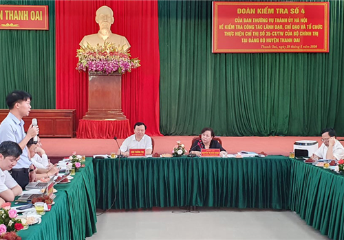 Chiều 29-5, Đoàn kiểm tra số 4 của Ban Thường vụ Thành ủy Hà Nội do Phó Bí thư Thành ủy, Chủ tịch HĐND Thành phố Nguyễn Thị Bích Ngọc làm Trưởng đoàn đã làm việc với Ban Thường vụ Huyện ủy Thanh Oai về công tác lãnh đạo, chỉ đạo tổ chức Đại hội Đảng bộ các cấp.