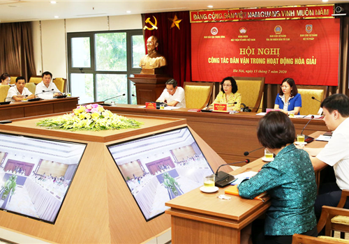 Sáng 13-7, Ban Dân vận Trung ương, Đảng đoàn Mặt trận Tổ quốc Việt Nam, Ban Cán sự Đảng Tòa án nhân dân Tối cao và Ban Cán sự đảng Bộ Tư pháp đã phối hợp tổ chức Hội nghị trực tuyến với các tỉnh, thành ủy về “Công tác dân vận trong hoạt động hòa giải ở cơ sở”. Đồng chí Trương Thị Mai, Ủy viên Bộ Chính trị, Bí thư Trung ương Đảng, Trưởng ban Dân vận Trung ương chủ trì Hội nghị. Cùng dự có các đồng chí Bí thư Trung ương Đảng: Chủ tịch Ủy ban Trung ương Mặt trận Tổ quốc Việt Nam Trần Thanh Mẫn, Chánh án Tòa án nhân dân Tối cao Nguyễn Hòa Bình; các đồng chí Ủy viên Trung ương Đảng: Phó Thủ tướng Chính phủ - Phó Trưởng ban chỉ đạo Trung ương về thực hiện Quy chế dân chủ ở cơ sở Vũ Đức Đam, Bộ trưởng Bộ Tư pháp Lê Thành Long. Chủ trì Hội nghị tại điểm cầu Thành ủy Hà Nội có đồng chí Ngô Thị Thanh Hằng, Ủy viên Trung ương Đảng, Phó Bí thư Thường trực Thành ủy; các đồng chí Ủy viên Ban Thường vụ Thành ủy: Trưởng ban Dân vận Thành ủy Nguyễn Thị Tuyến, Phó Chủ tịch UBND Thành phố Lê Hồng Sơn.