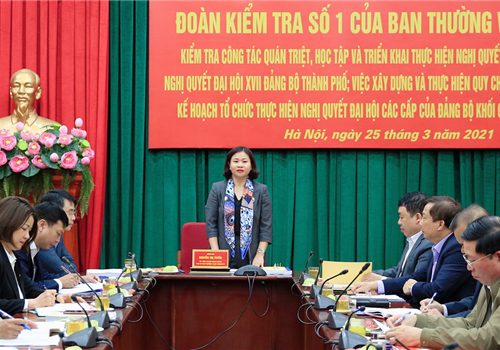 Sáng 25-3, Đoàn kiểm tra số 01 của Ban Thường vụ Thành ủy, do Ủy viên Trung ương Đảng, Phó Bí thư Thường trực Thành ủy Nguyễn Thị Tuyến làm Trưởng đoàn, đã kiểm tra công tác quán triệt, học tập và triển khai thực hiện Nghị quyết Đại hội XIII của Đảng, Nghị quyết Đại hội Đảng bộ Thành phố lần thứ XVII; việc xây dựng và thực hiện quy chế làm việc, chương trình, kế hoạch tổ chức thực hiện Nghị quyết Đại hội Đảng các cấp tại Đảng bộ Khối các cơ quan Thành phố.


