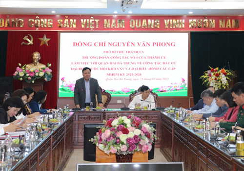 Ngày 25-3, Đoàn công tác số 4 của Ban Thường vụ Thành ủy do Phó Bí thư Thành ủy Hà Nội Nguyễn Văn Phong làm Trưởng đoàn đã làm việc với quận Hai Bà Trưng về công tác bầu cử đại biểu Quốc hội khóa XV và đại biểu HĐND các cấp nhiệm kỳ 2021-2026.