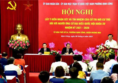 100% cử tri đã tín nhiệm, giới thiệu đồng chí Đinh Tiến Dũng, Ủy viên Bộ Chính trị, Bí thư Thành ủy Hà Nội, đại biểu Quốc hội khóa XIV ứng cử đại biểu Quốc hội khóa XV, nhiệm kỳ 2021-2026.