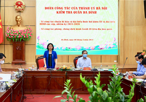 Sáng 6-5, Ủy viên Trung ương Đảng, Phó Bí thư Thường trực Thành ủy, Phó Chủ tịch Ủy ban Bầu cử thành phố Hà Nội Nguyễn Thị Tuyến đã chủ trì buổi kiểm tra công tác chỉ đạo cuộc bầu cử đại biểu Quốc hội khóa XV và đại biểu HĐND các cấp nhiệm kỳ 2021-2026 và công tác phòng, chống dịch Covid-19 tại quận Ba Đình.