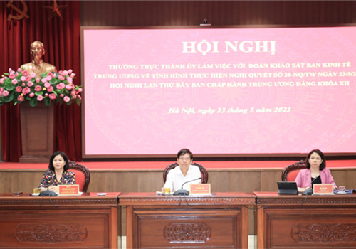Chiều 23-5, Đoàn khảo sát Ban Kinh tế Trung ương làm việc với Thành ủy Hà Nội về tình hình thực hiện Nghị quyết số 28-NQ/TW, ngày 23-5-2018 của Hội nghị lần thứ bẩy Ban Chấp hành Trung ương khóa XII về cải cách chính sách bảo hiểm xã hội. Chủ trì buổi làm việc có Phó Trưởng ban Kinh tế Trung ương Đỗ Ngọc An - Trưởng đoàn khảo sát; Ủy viên Trung ương Đảng, Phó Bí thư Thường trực Thành ủy Hà Nội Nguyễn Thị Tuyến và Thành uỷ viên, Phó Chủ tịch UBND Thành phố Vũ Thu Hà.